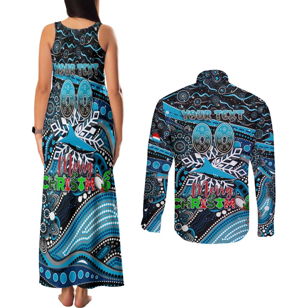 Merry Christmas Sharks Couples Matching Tank Maxi Dress and Long Sleeve Button Shirt Aboriginal Santa Rugby Mascot - Cronulla Sutherland