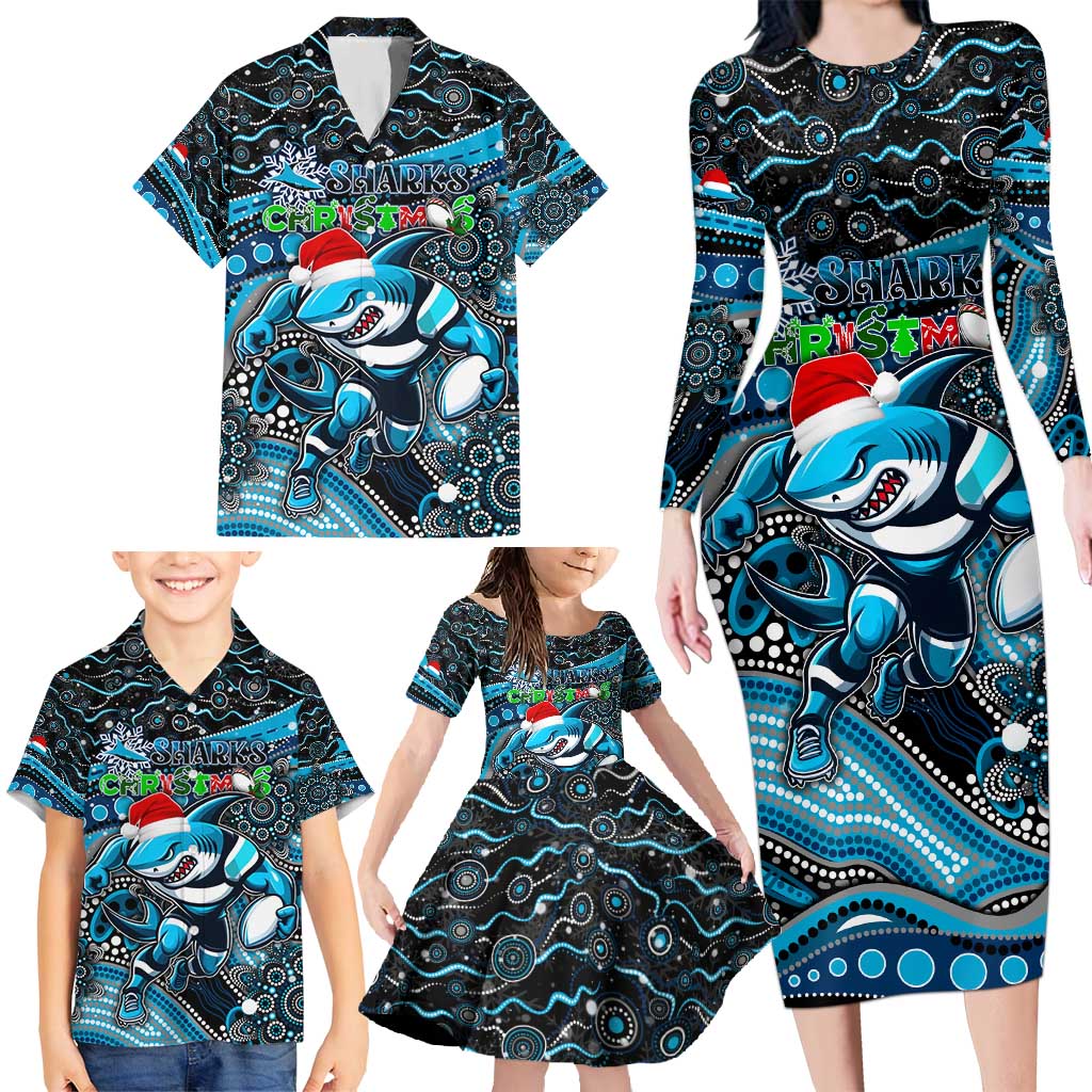 Merry Christmas Sharks Family Matching Long Sleeve Bodycon Dress and Hawaiian Shirt Aboriginal Santa Rugby Mascot - Cronulla Sutherland