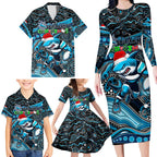 Merry Christmas Sharks Family Matching Long Sleeve Bodycon Dress and Hawaiian Shirt Aboriginal Santa Rugby Mascot - Cronulla Sutherland