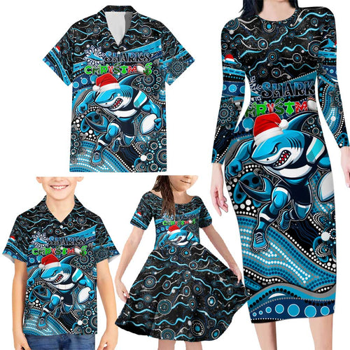 Merry Christmas Sharks Family Matching Long Sleeve Bodycon Dress and Hawaiian Shirt Aboriginal Santa Rugby Mascot - Cronulla Sutherland