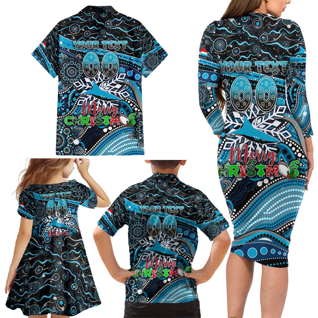 Merry Christmas Sharks Family Matching Long Sleeve Bodycon Dress and Hawaiian Shirt Aboriginal Santa Rugby Mascot - Cronulla Sutherland