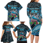 Merry Christmas Sharks Family Matching Long Sleeve Bodycon Dress and Hawaiian Shirt Aboriginal Santa Rugby Mascot - Cronulla Sutherland