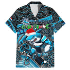 Merry Christmas Sharks Family Matching Long Sleeve Bodycon Dress and Hawaiian Shirt Aboriginal Santa Rugby Mascot - Cronulla Sutherland
