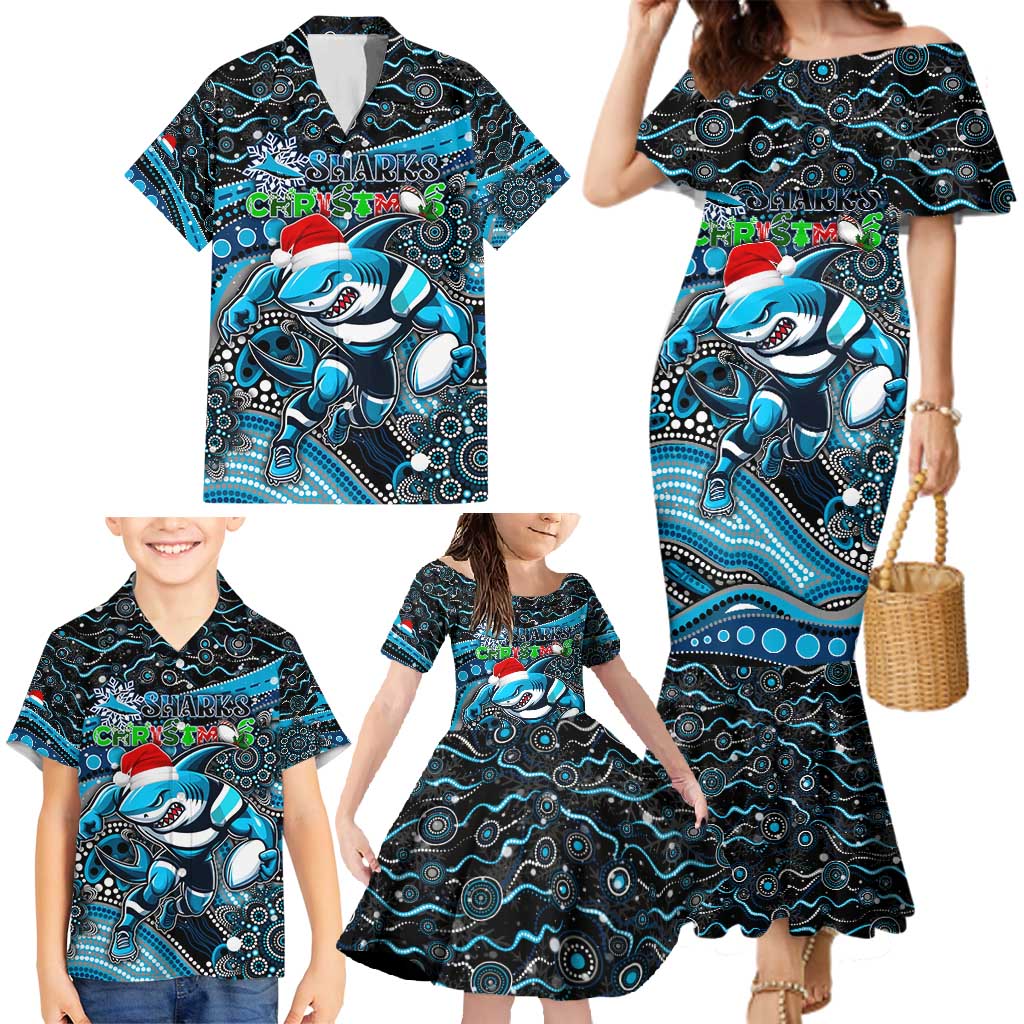 Merry Christmas Sharks Family Matching Mermaid Dress and Hawaiian Shirt Aboriginal Santa Rugby Mascot - Cronulla Sutherland