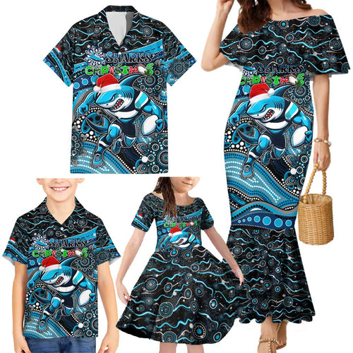 Merry Christmas Sharks Family Matching Mermaid Dress and Hawaiian Shirt Aboriginal Santa Rugby Mascot - Cronulla Sutherland