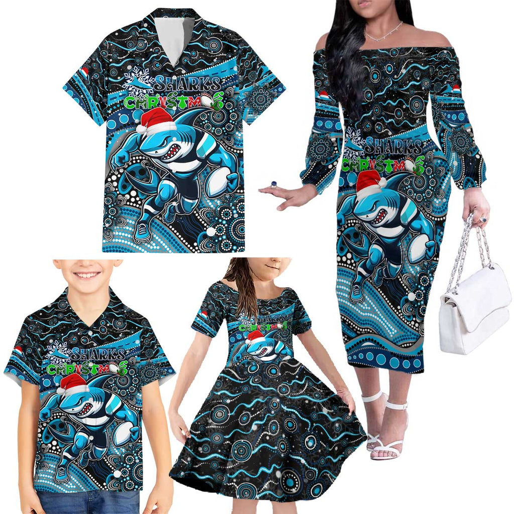 Merry Christmas Sharks Family Matching Off The Shoulder Long Sleeve Dress and Hawaiian Shirt Aboriginal Santa Rugby Mascot - Cronulla Sutherland