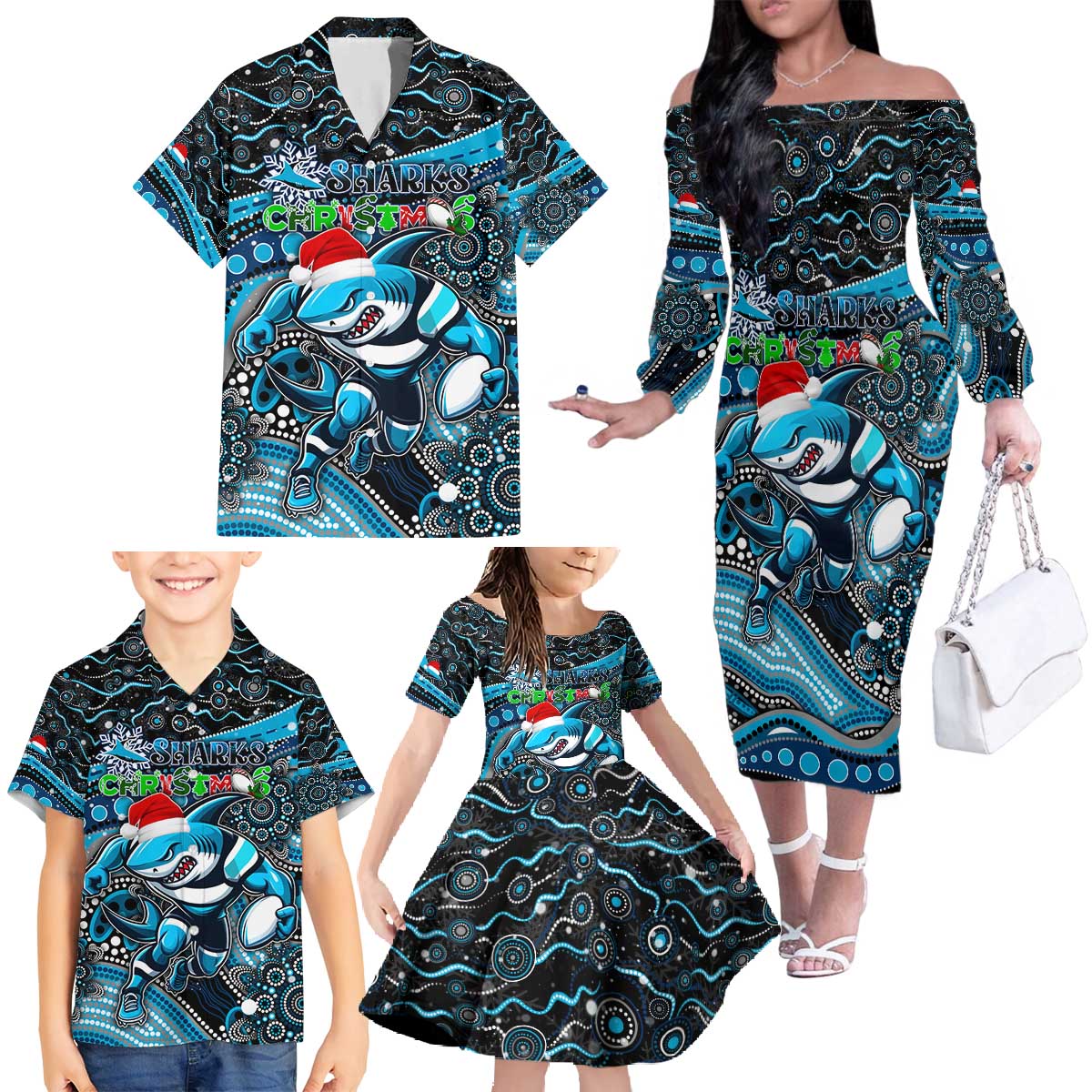 Merry Christmas Sharks Family Matching Off The Shoulder Long Sleeve Dress and Hawaiian Shirt Aboriginal Santa Rugby Mascot - Cronulla Sutherland