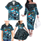 Merry Christmas Sharks Family Matching Off The Shoulder Long Sleeve Dress and Hawaiian Shirt Aboriginal Santa Rugby Mascot - Cronulla Sutherland
