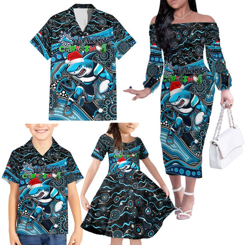 Merry Christmas Sharks Family Matching Off The Shoulder Long Sleeve Dress and Hawaiian Shirt Aboriginal Santa Rugby Mascot - Cronulla Sutherland