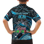 Merry Christmas Sharks Family Matching Off The Shoulder Long Sleeve Dress and Hawaiian Shirt Aboriginal Santa Rugby Mascot - Cronulla Sutherland