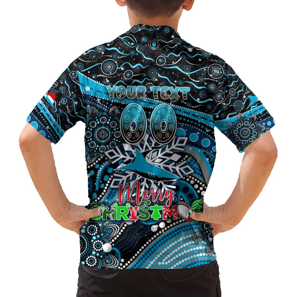 Merry Christmas Sharks Family Matching Off The Shoulder Long Sleeve Dress and Hawaiian Shirt Aboriginal Santa Rugby Mascot - Cronulla Sutherland