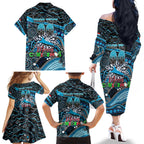Merry Christmas Sharks Family Matching Off The Shoulder Long Sleeve Dress and Hawaiian Shirt Aboriginal Santa Rugby Mascot - Cronulla Sutherland