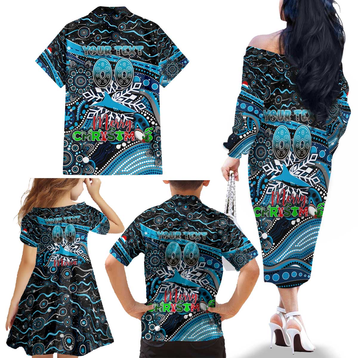 Merry Christmas Sharks Family Matching Off The Shoulder Long Sleeve Dress and Hawaiian Shirt Aboriginal Santa Rugby Mascot - Cronulla Sutherland