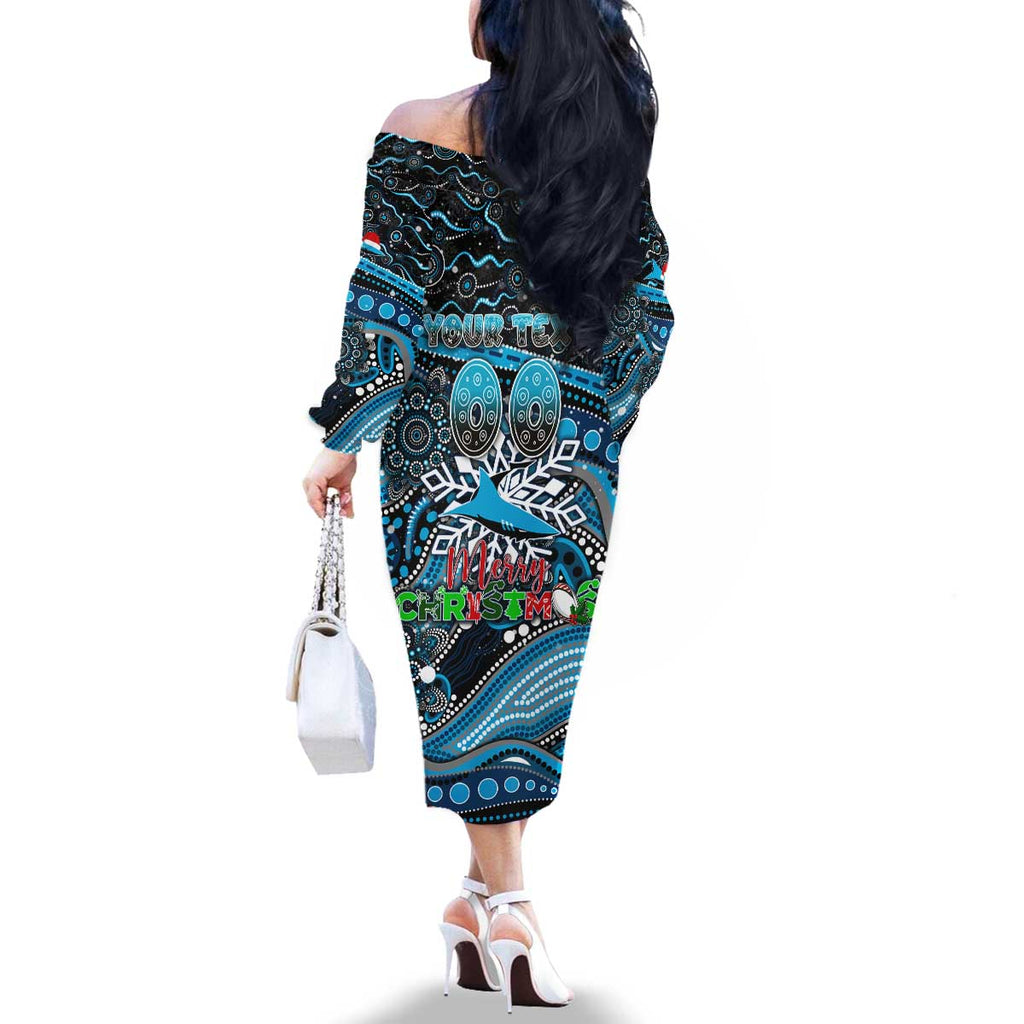 Merry Christmas Sharks Family Matching Off The Shoulder Long Sleeve Dress and Hawaiian Shirt Aboriginal Santa Rugby Mascot - Cronulla Sutherland