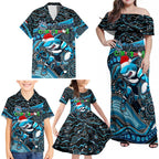 Merry Christmas Sharks Family Matching Off Shoulder Maxi Dress and Hawaiian Shirt Aboriginal Santa Rugby Mascot - Cronulla Sutherland