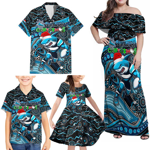 Merry Christmas Sharks Family Matching Off Shoulder Maxi Dress and Hawaiian Shirt Aboriginal Santa Rugby Mascot - Cronulla Sutherland