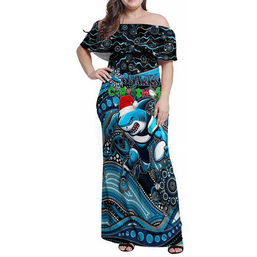Merry Christmas Sharks Family Matching Off Shoulder Maxi Dress and Hawaiian Shirt Aboriginal Santa Rugby Mascot - Cronulla Sutherland