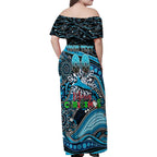 Merry Christmas Sharks Family Matching Off Shoulder Maxi Dress and Hawaiian Shirt Aboriginal Santa Rugby Mascot - Cronulla Sutherland