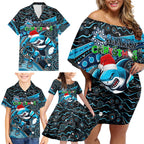 Merry Christmas Sharks Family Matching Off Shoulder Short Dress and Hawaiian Shirt Aboriginal Santa Rugby Mascot - Cronulla Sutherland