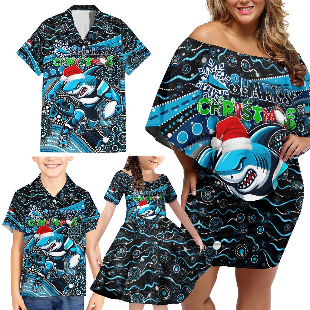 Merry Christmas Sharks Family Matching Off Shoulder Short Dress and Hawaiian Shirt Aboriginal Santa Rugby Mascot - Cronulla Sutherland