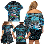 Merry Christmas Sharks Family Matching Off Shoulder Short Dress and Hawaiian Shirt Aboriginal Santa Rugby Mascot - Cronulla Sutherland