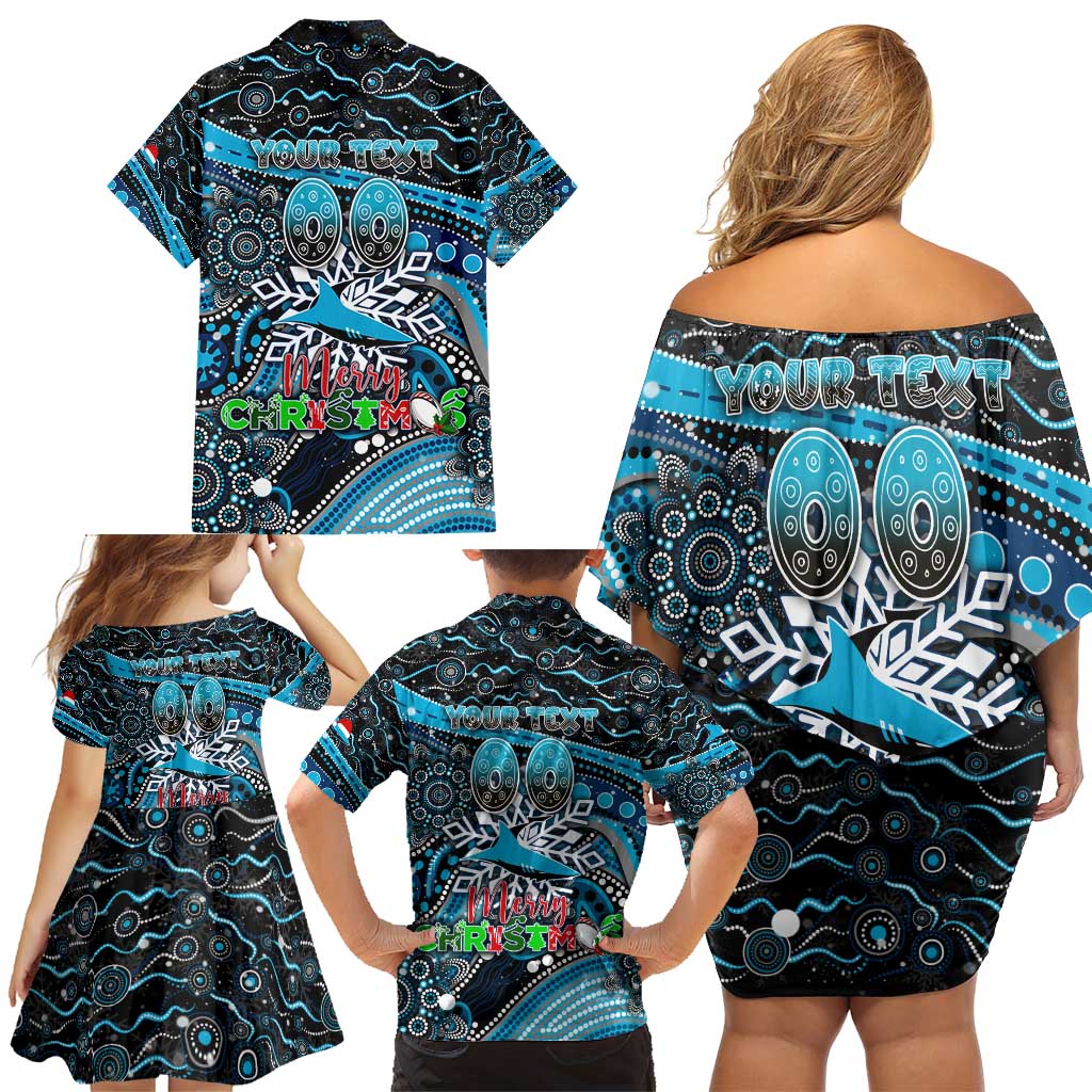 Merry Christmas Sharks Family Matching Off Shoulder Short Dress and Hawaiian Shirt Aboriginal Santa Rugby Mascot - Cronulla Sutherland