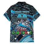 Merry Christmas Sharks Family Matching Off Shoulder Short Dress and Hawaiian Shirt Aboriginal Santa Rugby Mascot - Cronulla Sutherland