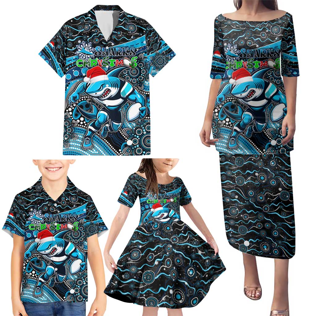 Merry Christmas Sharks Family Matching Puletasi and Hawaiian Shirt Aboriginal Santa Rugby Mascot - Cronulla Sutherland