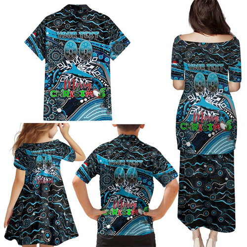 Merry Christmas Sharks Family Matching Puletasi and Hawaiian Shirt Aboriginal Santa Rugby Mascot - Cronulla Sutherland