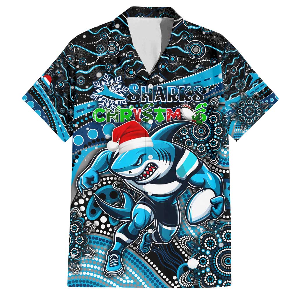 Merry Christmas Sharks Family Matching Puletasi and Hawaiian Shirt Aboriginal Santa Rugby Mascot - Cronulla Sutherland