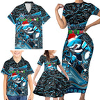 Merry Christmas Sharks Family Matching Short Sleeve Bodycon Dress and Hawaiian Shirt Aboriginal Santa Rugby Mascot - Cronulla Sutherland