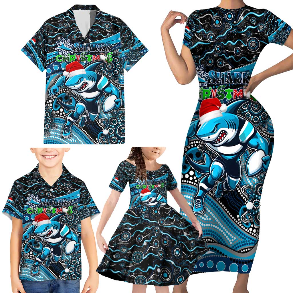 Merry Christmas Sharks Family Matching Short Sleeve Bodycon Dress and Hawaiian Shirt Aboriginal Santa Rugby Mascot - Cronulla Sutherland
