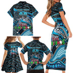 Merry Christmas Sharks Family Matching Short Sleeve Bodycon Dress and Hawaiian Shirt Aboriginal Santa Rugby Mascot - Cronulla Sutherland
