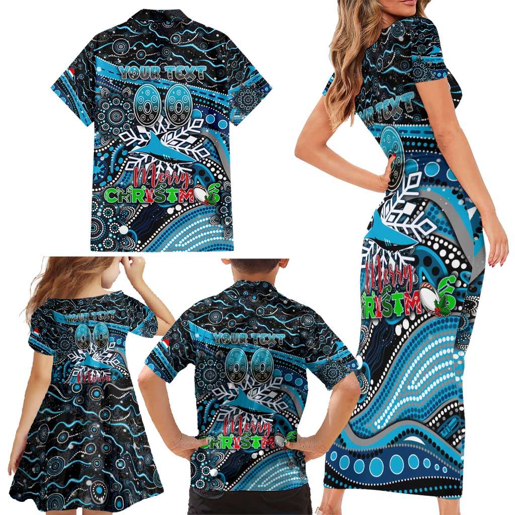 Merry Christmas Sharks Family Matching Short Sleeve Bodycon Dress and Hawaiian Shirt Aboriginal Santa Rugby Mascot - Cronulla Sutherland
