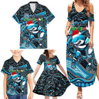 Merry Christmas Sharks Family Matching Summer Maxi Dress and Hawaiian Shirt Aboriginal Santa Rugby Mascot - Cronulla Sutherland