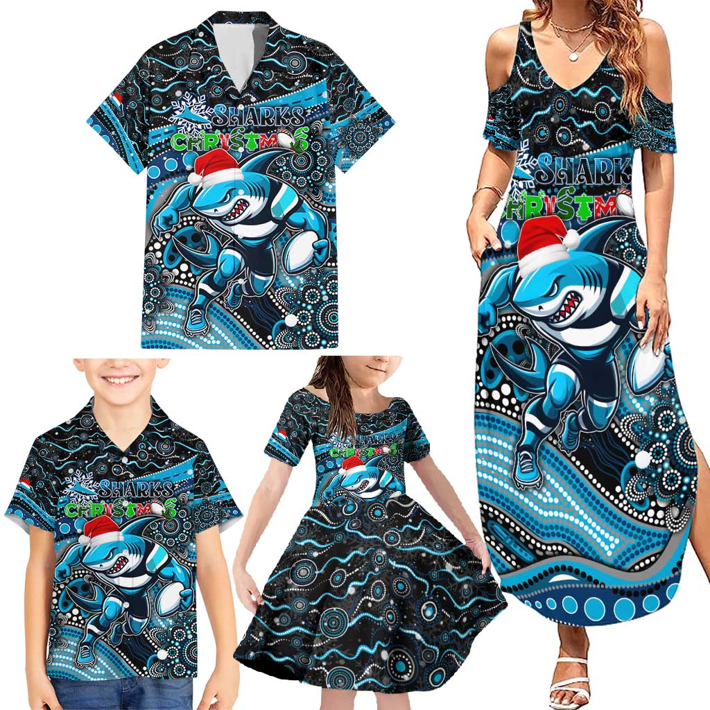 Merry Christmas Sharks Family Matching Summer Maxi Dress and Hawaiian Shirt Aboriginal Santa Rugby Mascot - Cronulla Sutherland