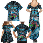 Merry Christmas Sharks Family Matching Summer Maxi Dress and Hawaiian Shirt Aboriginal Santa Rugby Mascot - Cronulla Sutherland
