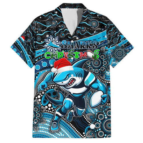 Merry Christmas Sharks Family Matching Summer Maxi Dress and Hawaiian Shirt Aboriginal Santa Rugby Mascot - Cronulla Sutherland