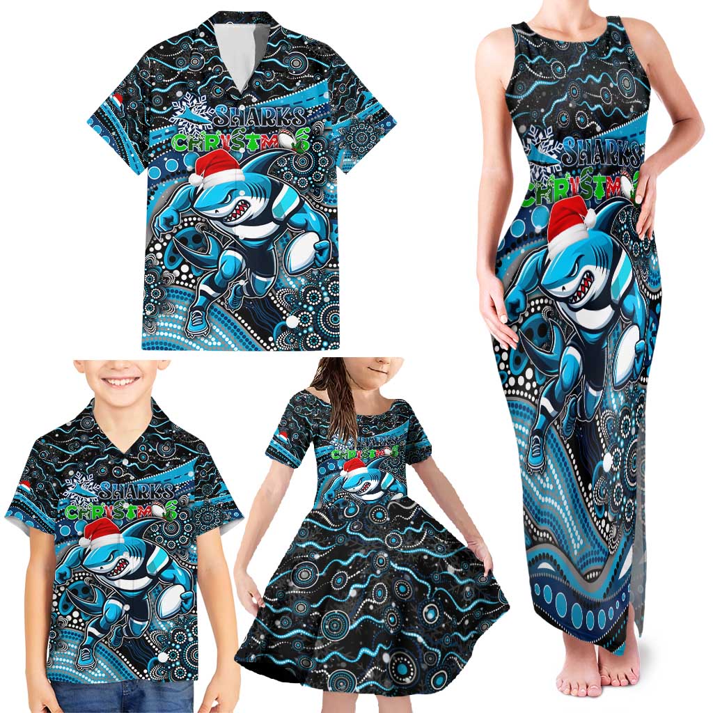 Merry Christmas Sharks Family Matching Tank Maxi Dress and Hawaiian Shirt Aboriginal Santa Rugby Mascot - Cronulla Sutherland