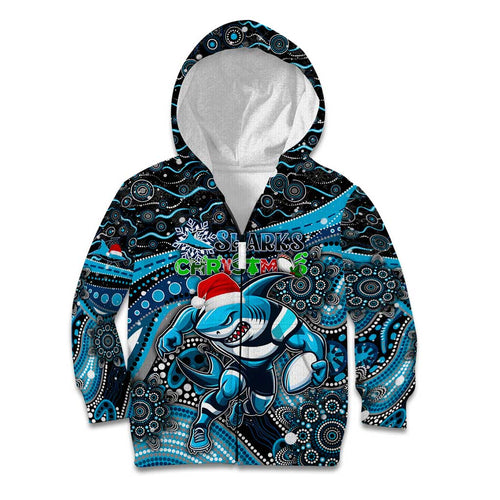 Merry Christmas Sharks Kid Hoodie Aboriginal Santa Rugby Mascot - Cronulla Sutherland