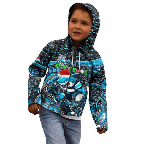 Merry Christmas Sharks Kid Hoodie Aboriginal Santa Rugby Mascot - Cronulla Sutherland