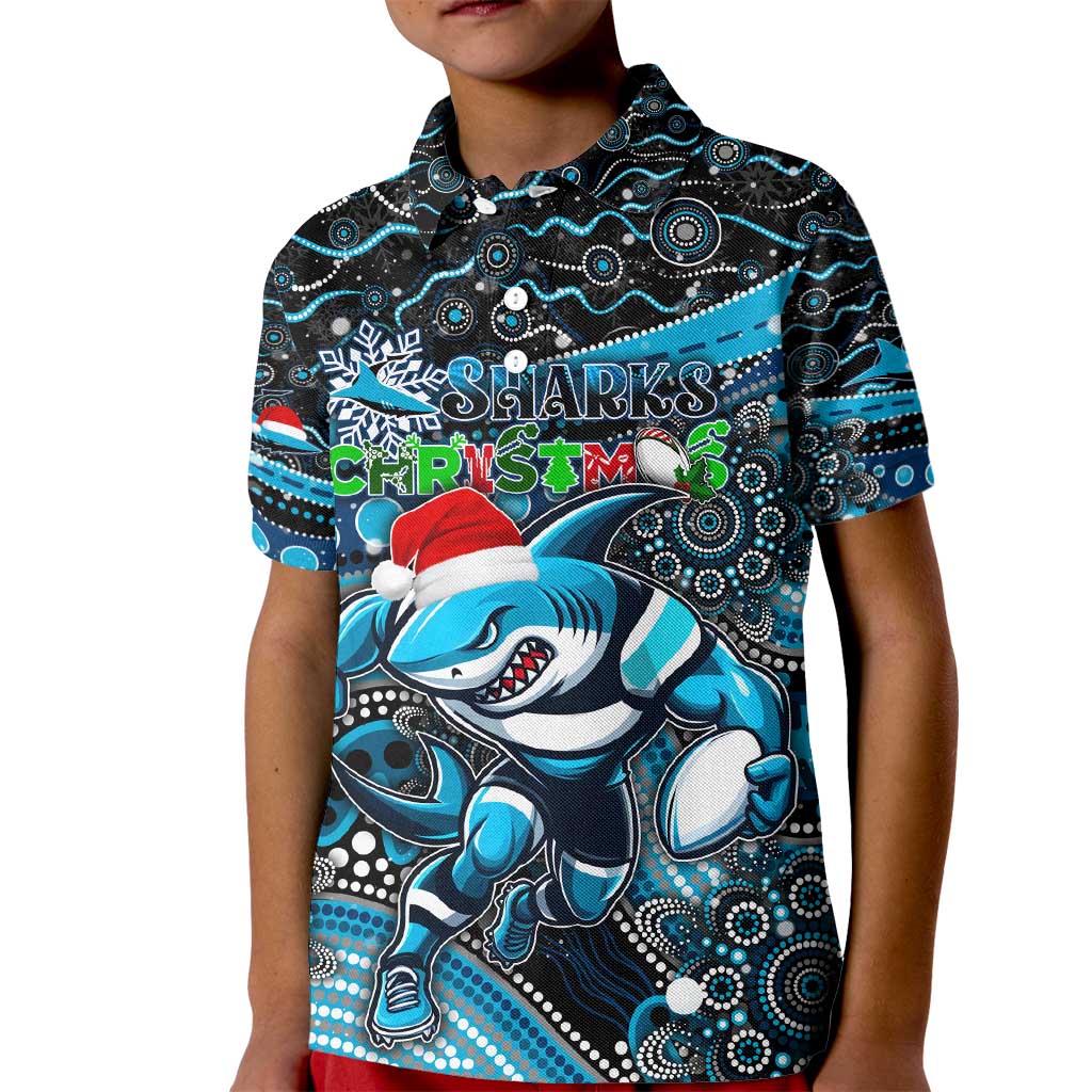 Merry Christmas Sharks Kid Polo Shirt Aboriginal Santa Rugby Mascot - Cronulla Sutherland