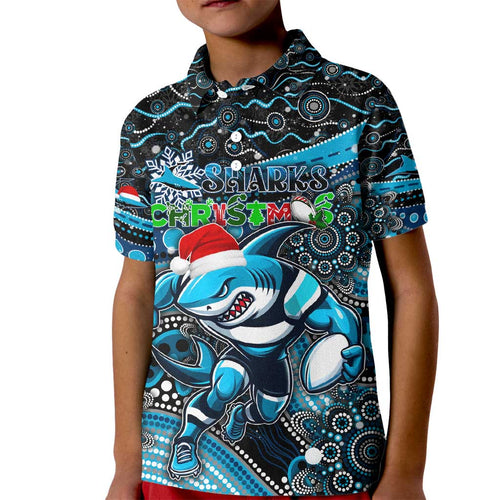 Merry Christmas Sharks Kid Polo Shirt Aboriginal Santa Rugby Mascot - Cronulla Sutherland