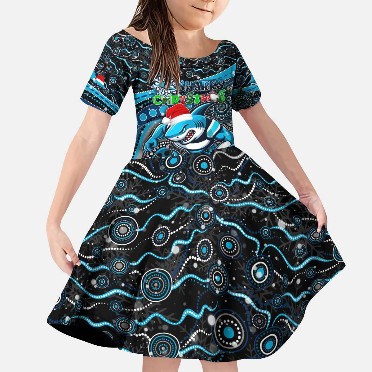 Merry Christmas Sharks Kid Short Sleeve Dress Aboriginal Santa Rugby Mascot - Cronulla Sutherland