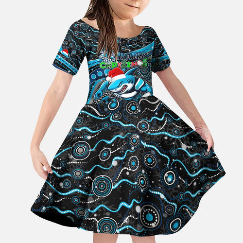 Merry Christmas Sharks Kid Short Sleeve Dress Aboriginal Santa Rugby Mascot - Cronulla Sutherland