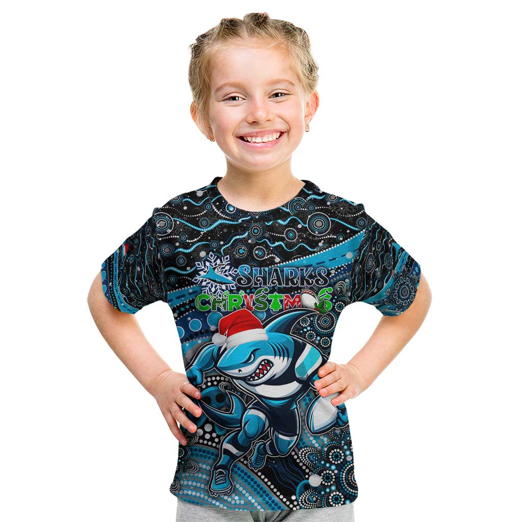 Merry Christmas Sharks Kid T Shirt Aboriginal Santa Rugby Mascot - Cronulla Sutherland