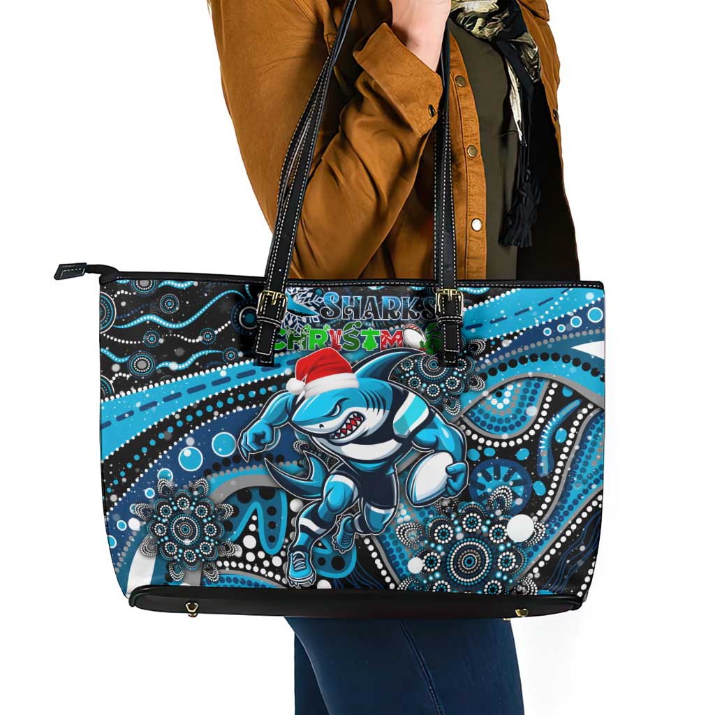 Merry Christmas Sharks Leather Tote Bag Aboriginal Santa Rugby Mascot - Cronulla Sutherland