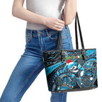 Merry Christmas Sharks Leather Tote Bag Aboriginal Santa Rugby Mascot - Cronulla Sutherland