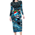Merry Christmas Sharks Long Sleeve Bodycon Dress Aboriginal Santa Rugby Mascot - Cronulla Sutherland