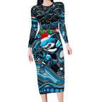 Merry Christmas Sharks Long Sleeve Bodycon Dress Aboriginal Santa Rugby Mascot - Cronulla Sutherland
